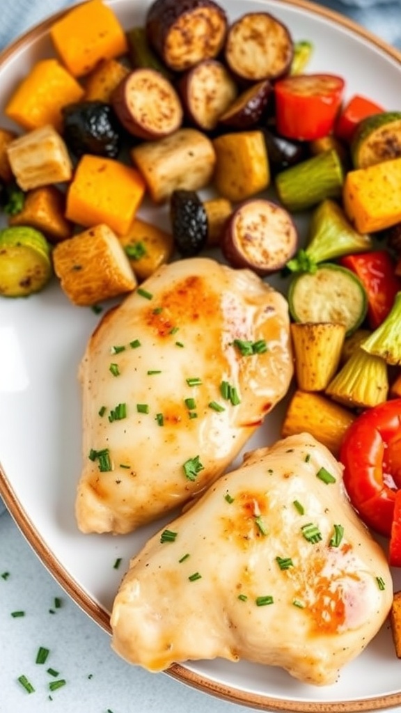 Healthy air fryer meal for two with lemon herb chicken and roasted vegetables.